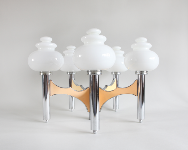 gaetano sciolari kroonluchter jaren 70 chrome met opaline bollen italiaanse design lamp chandelier