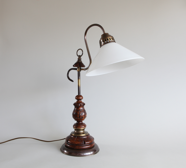 brass and wooden table lamp with a white opaline lamp shade European vintage lamps
