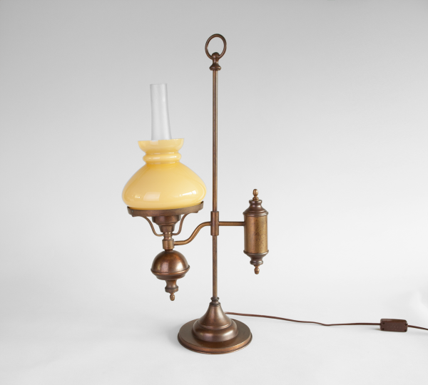 Student lamp with yellow opaline lampshade from France. Early 20th century art nouveau