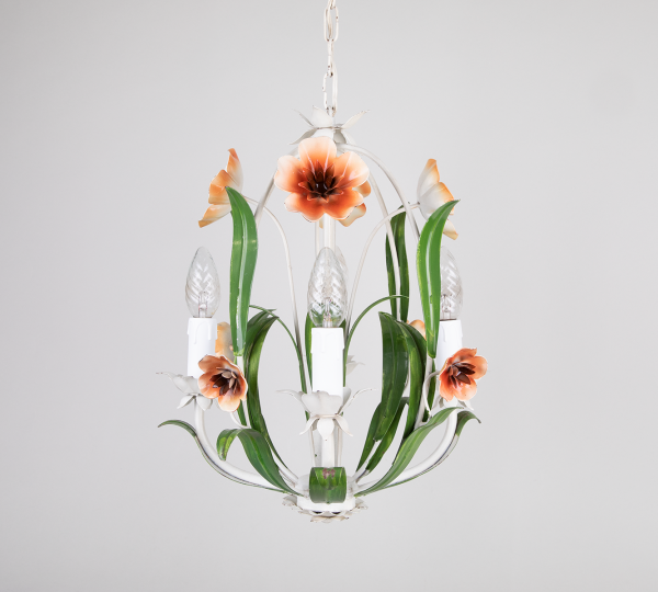 Chandelier with Spring flowers and green leaves from France 1950s