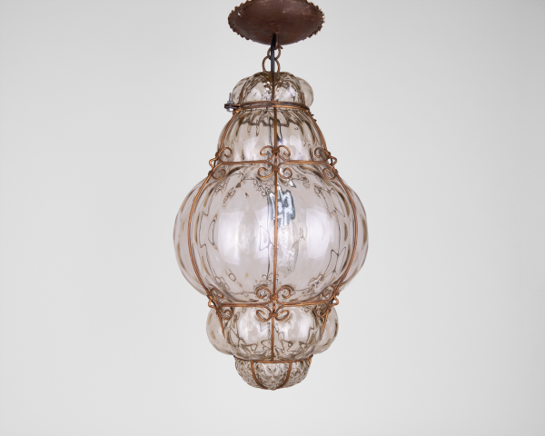 Large Seguso Murano caged glass pendant beige venice italy chandelier