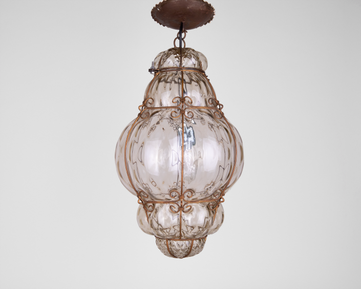 Large Seguso Murano caged glass pendant beige venice italy chandelier