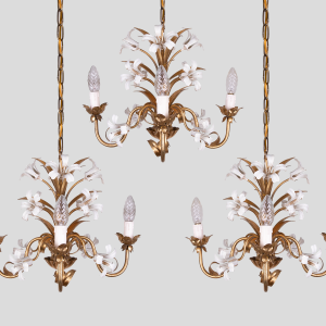 Florentine chandelier gilded with white enamel flowers gold plated hollywood regency three identical chandeliers
