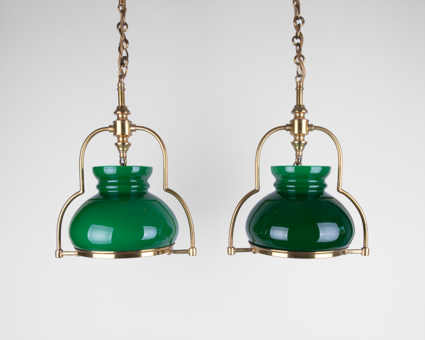 Set of two green opaline pendant lights art deco lamp