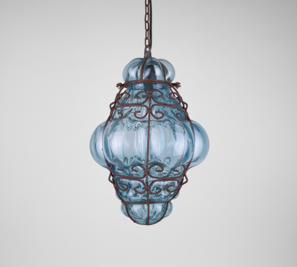 Blue Venetian pendant light caged glass from Murano chandelier 1960 venice italy