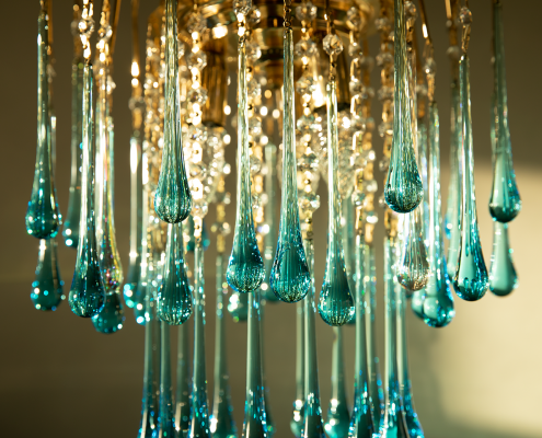 Gold and aqua blue Murano teardrop chandelier by Paolo Venini vintage lamp
