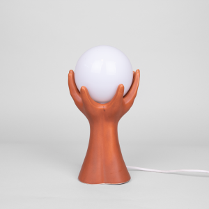 Ceramic hands lamp dark orange hand table lamp with glass globe art deco sculpture