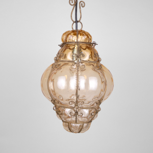Amber orange Seguso Murano caged glass pendant light Venetian chandelier