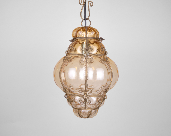 Amber orange Seguso Murano caged glass pendant light Venetian chandelier