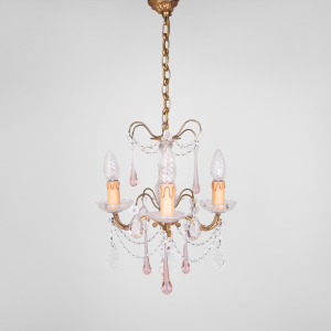 Brass chandelier with pink glass drops and crystals