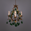 Gilt chandelier with green glass drops and crystals Antique lamp from France Lustre