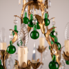 Gilt chandelier with green glass drops and crystals Antique lamp from France Lustre