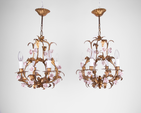 pair of gilt chandeliers with pink ceramic roses italian vintage design lighting