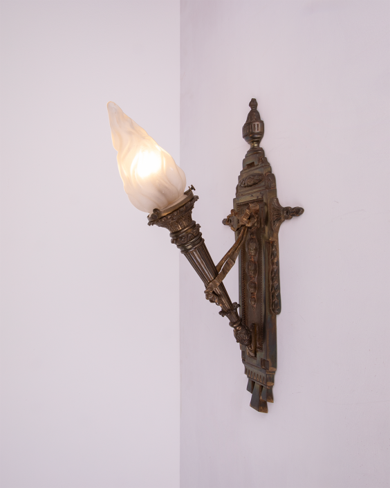 Pair of bronze sconces with a torch and glass flame lampshade 19th century antique wall lamps