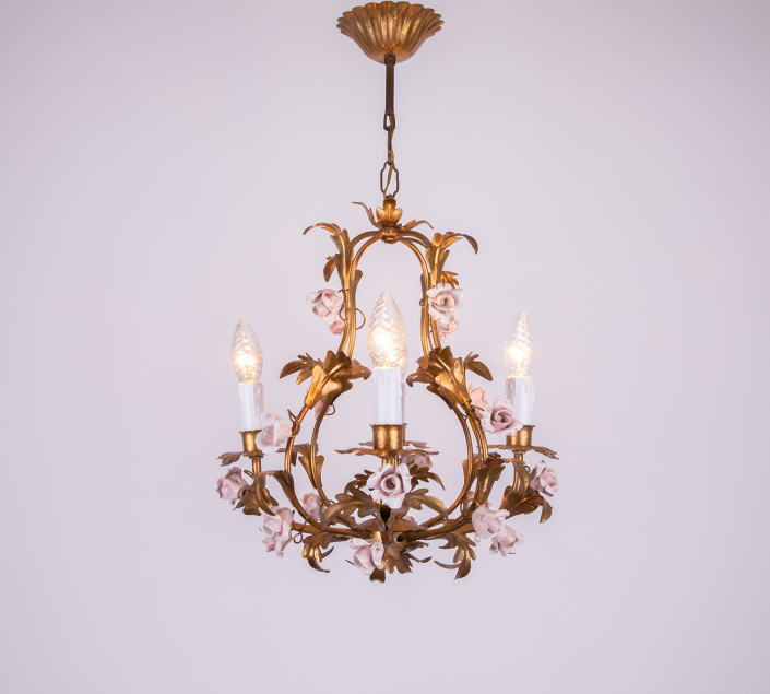 pair of gilt chandeliers with pink ceramic roses italian vintage design lighting