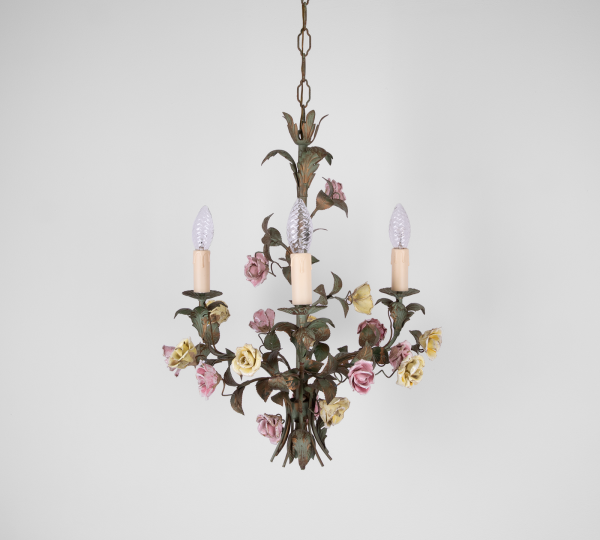 Italian floral chandelier with pink and yellow porcelain roses vintage lamp florence italy