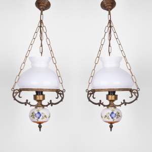 Pair of electric oil lamp with opaline glass and ceramics antique chandelier
