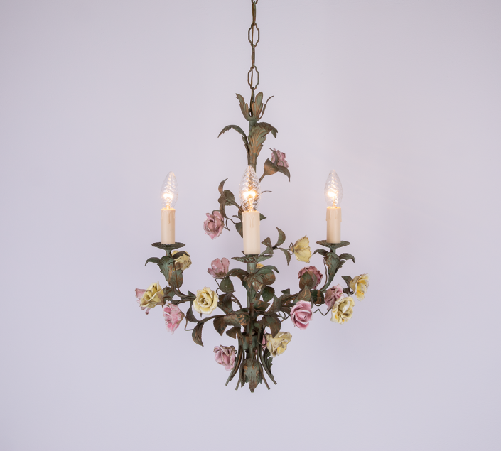 Italian floral chandelier with pink and yellow porcelain roses vintage lamp florence italy