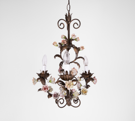 Italian floral chandelier with porcelain roses design lamp from Florence Italy