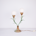 Green plant lamp with opaline glass spheres and two branches vintage lighting