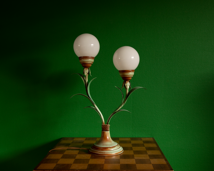 Green plant lamp with opaline glass spheres and two branches vintage lighting