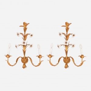 large gold Italian wall sconces with porcelain paste flowers
