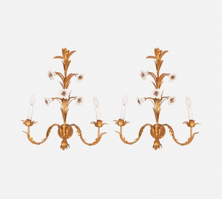 large gold Italian wall sconces with porcelain paste flowers
