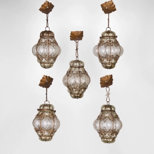 set of five beige seguso murano caged glass pendant light