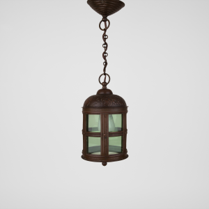 Antique brass lantern with green glass and the coat of arms from Gouda city pendant light Dutch