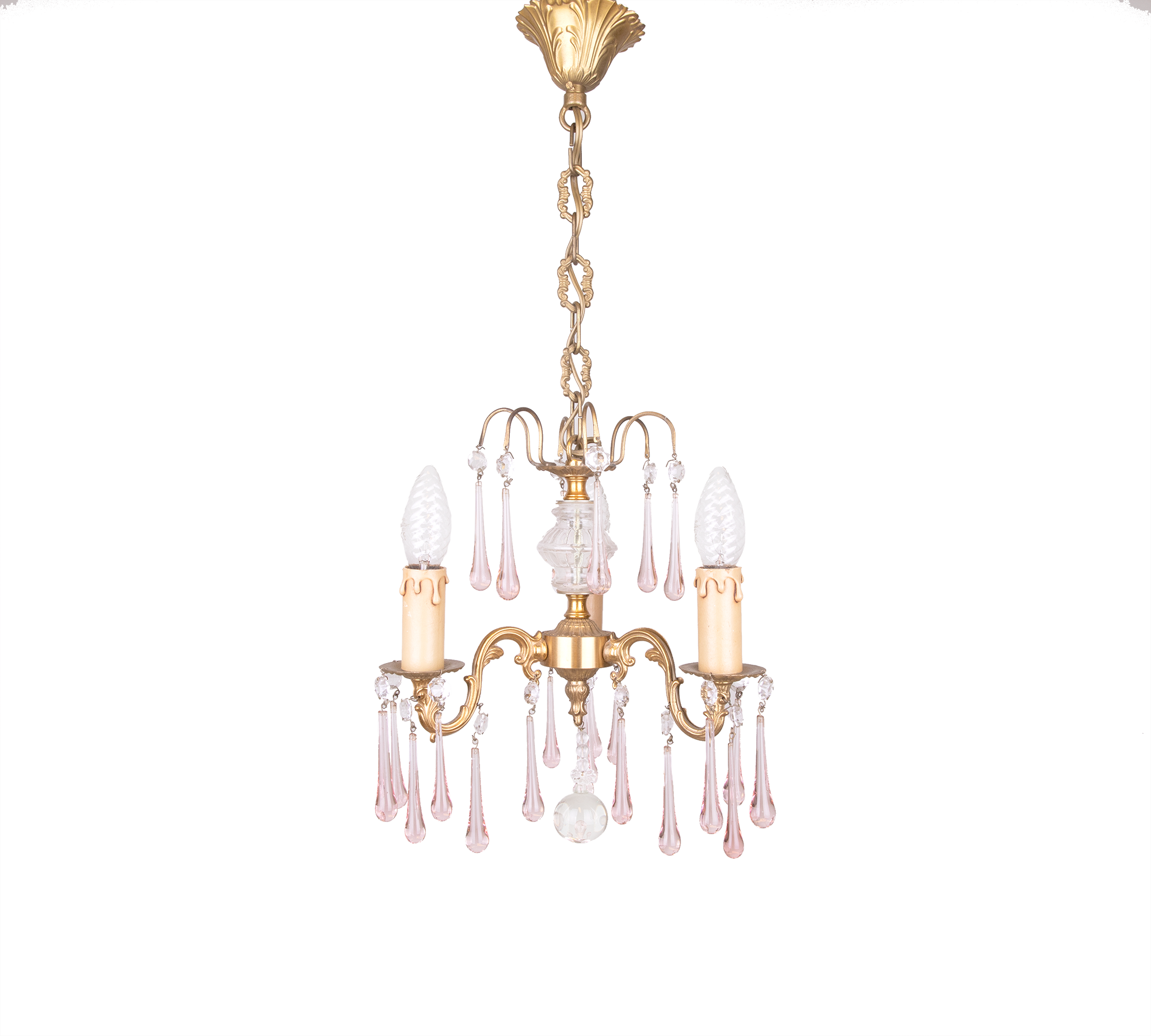 Brass chandelier with pink Murano drops - Lighting - Art and glass Vintage